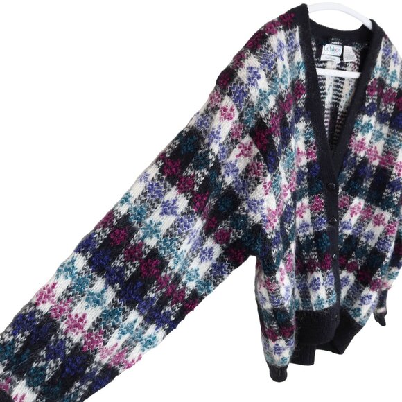 Vintage 80s Fuzzy Mohair Wool Hand Loomed Check Dolman Cardigan Sweater Size L - Picture 3 of 6